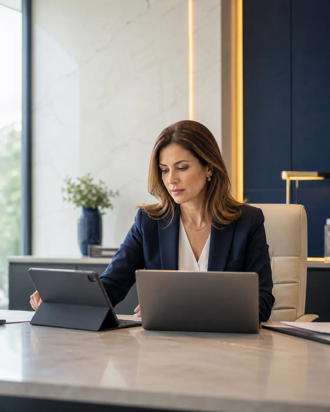 Consultora analisando informações empresariais em ambiente corporativo